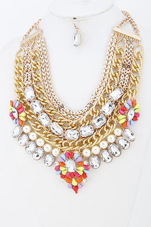 Mixed Rhinestone and Chain Statement Necklace Set 5LAD2
